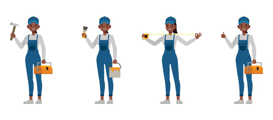 Female handyman wear blue repairman apron character vector illustration design set. Women thumb up hand, holding hammer, paint bucket and tape measure.