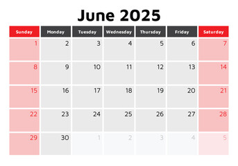 2025 june calendar. A vector English summer monthly calendars. Design Sunday start