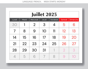 French calendar for june 2025. Vector illustration of summer month page for France - juillet