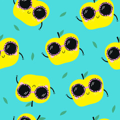 Seamless pattern with cute yellow cartoon smiling apple character. Childish style. Vector
