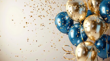 A concept for a birthday celebration featuring a white backdrop with a pile of metallic and golden balloons and text space, Generative AI.