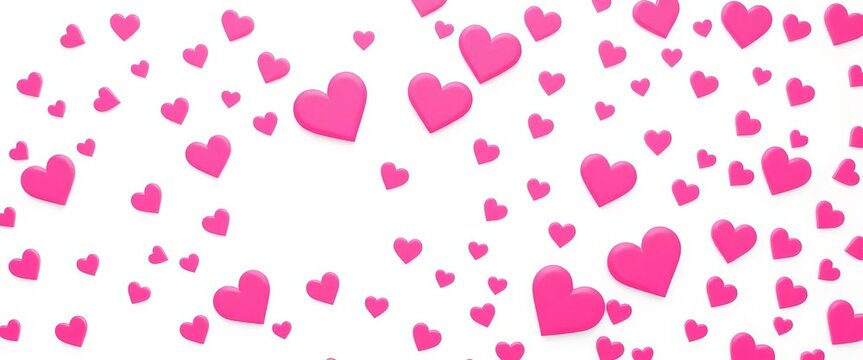 Abstract white background with scattered large and small pink hearts; Valentine's Day design, wedding, romantic