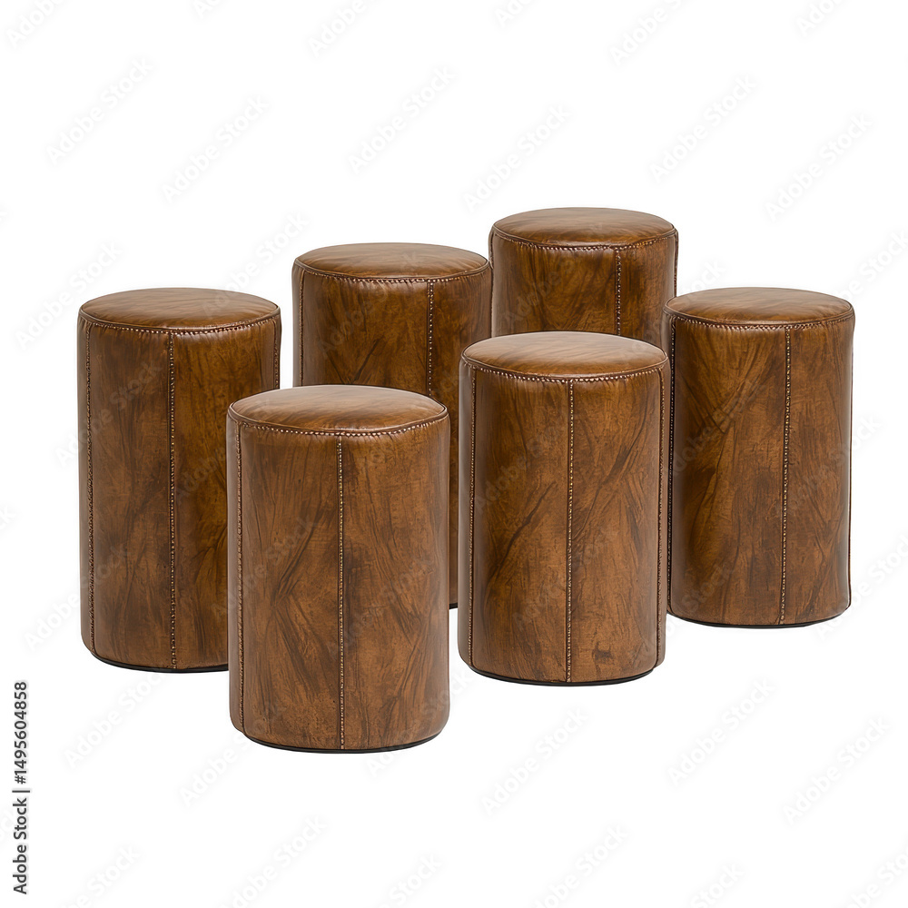 Poster six brown cylindrical leather stools are arranged in group, showcasing their smooth texture and eleg