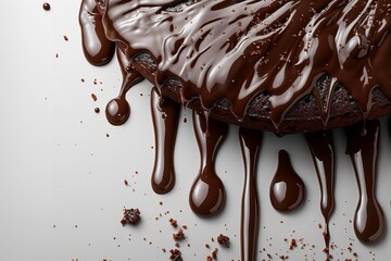 Top view of chocolate oozing from a dessert with lettering spaced on a white backdrop, Generative AI.