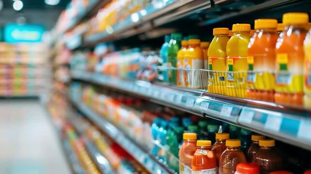Video of supermarket shelves filled with a variety of beverages. Useful for food and beverage advertising, as well as for content about healthy eating and lifestyle.
