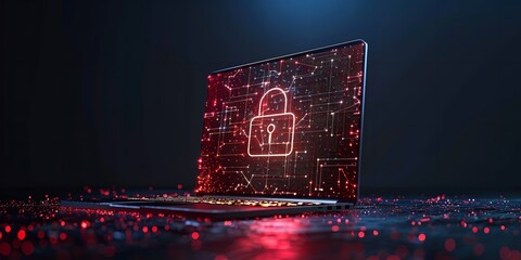 A dark background features a polygonal laptop featuring a starry sky that illustrates a digital data security notion with space for advertising, Generative AI.