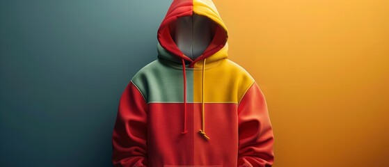 Large and multicoloured hooded sweater with space for an advertisement set against a colourful backdrop, Generative AI.