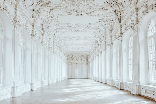 Ornate white hall with windows & sculpted ceiling details