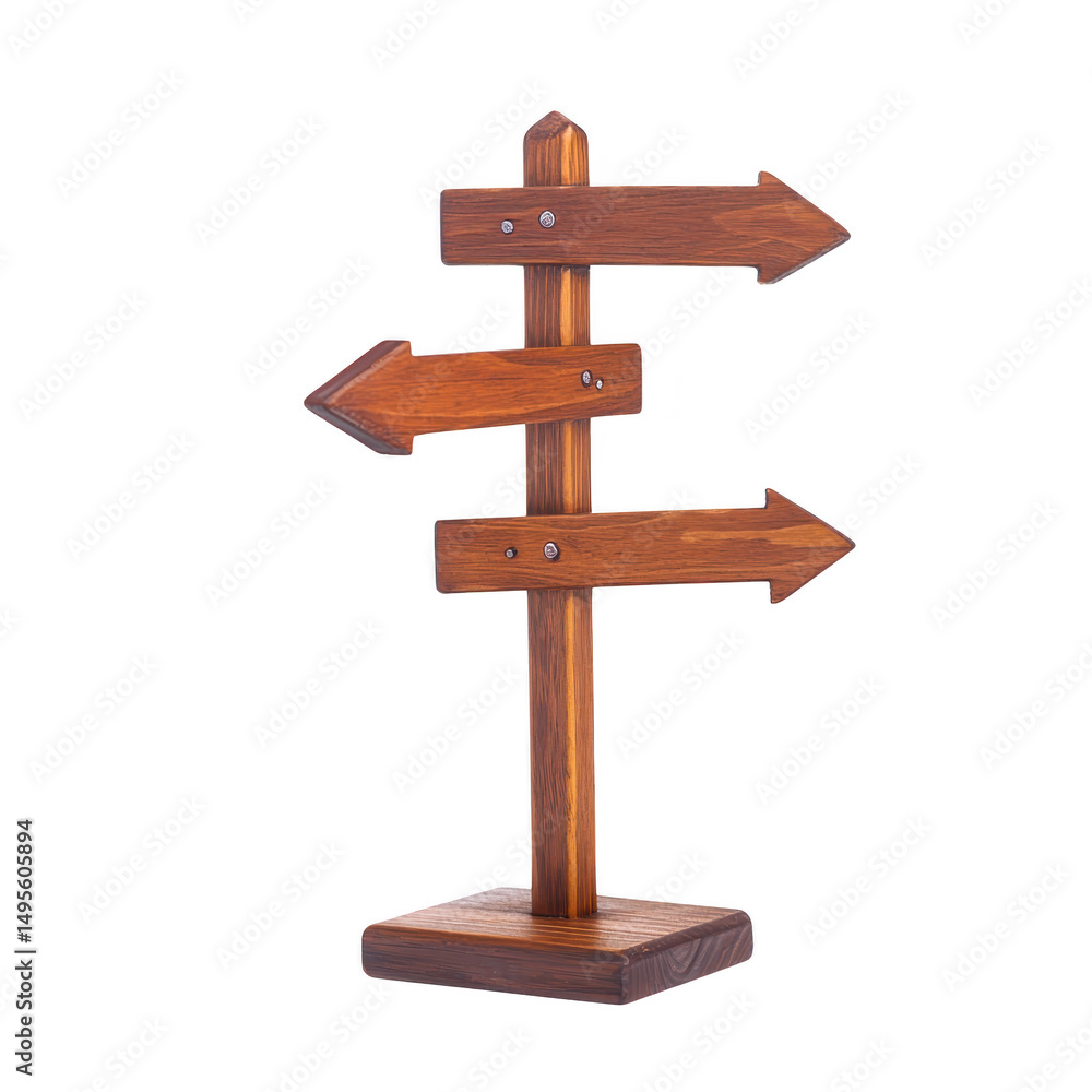Poster wooden signpost with three directional arrows pointing in different directions, symbolizing choices 
