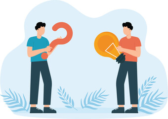 Question and answer and solving problem or business solution, ask for reply or idea,solve difficulty and trouble, businessman hand holding question mark with other reply with lightbulb
