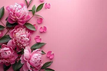 International Women's Day concept and abstract natural floral frame layout with text space and peonies roses on a pink background, Generative AI.