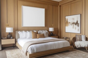 Modern bedroom with warm wood paneling