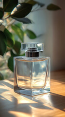 A blank transparent perfume glass bottle placed on a modern bright table, set against a minimalistic empty wall background. The clean composition includes caption space at the top, ideal for branding 
