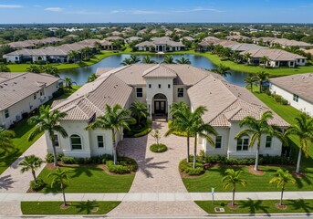 Modern house in a peaceful upscale neighborhood by a pond, aerial real estate