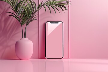 Smartphone dummy featuring verdant foliage against a pink background and room for advertising, Generative AI.