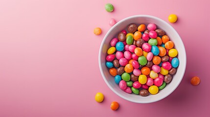 Above image depicts multicoloured chocolate beans in a bowl with space for advertising on a pink backdrop, Generative AI.