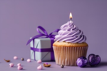 Close-up of a purple cupcake with a candle and a present box, featuring a birthday celebration motif set against a purple backdrop with text space, Generative AI.