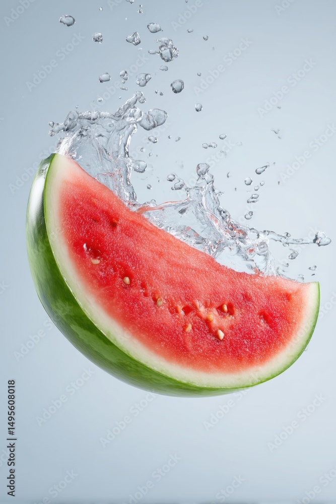 Poster watermelon slice splashes into clear liquid in freeze frame style. clean, simple background enhances