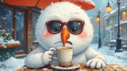 Grumpy Snowman Sipping Espresso A Winter's Day Illustration