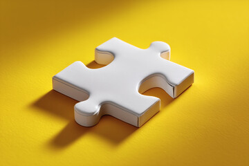 Obraz premium White puzzle piece on a vibrant yellow background, symbolic of problem-solving and connecting ideas.