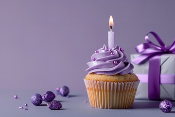 Close-up of a purple cupcake with a candle and a present box, featuring a birthday celebration motif set against a purple backdrop with text space, Generative AI.