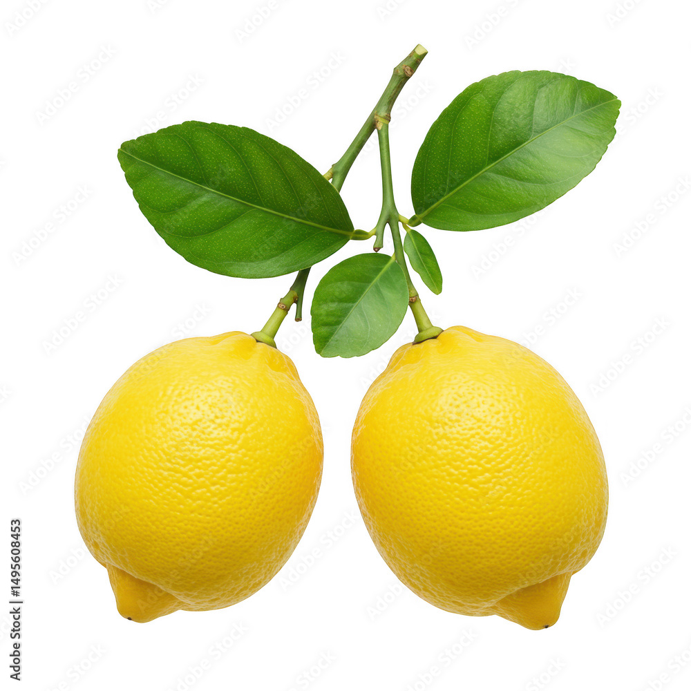 Poster two lemons on branch with leaves isolated on transparent background