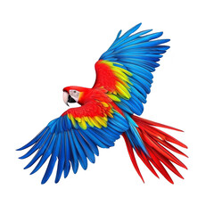 Obraz premium Vibrant scarlet macaw with striking red, blue, and yellow feathers is captured mid flight, showcasing its colorful plumage and graceful wingspan