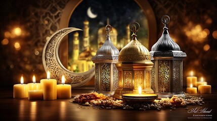 Glowing Lanterns with Crescent Moon and Candles Still Life