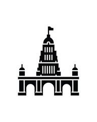 Black Silhouette of Historic Domed Building with Archways and Flying Flag Design