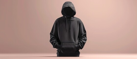 Large and black hooded sweater with space for an advertisement set against a plain colored backdrop, Generative AI.