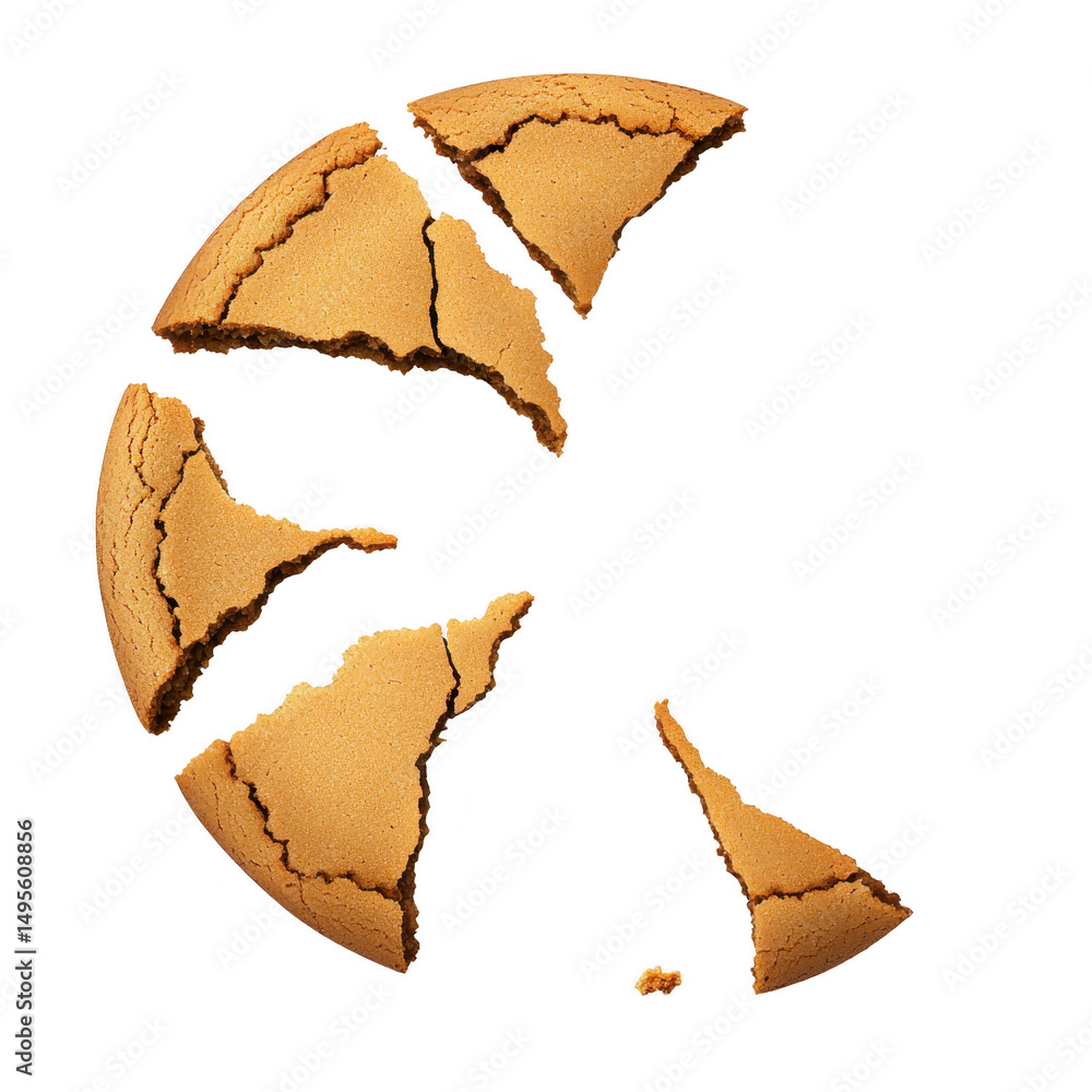 Poster broken cookie with cracked surface is displayed against plain background, showcasing its texture and