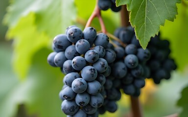 Fresh, plump, dark purple grapes with leaves. High quality