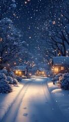 Snowy village street, twinkling lights, winter night, holiday card