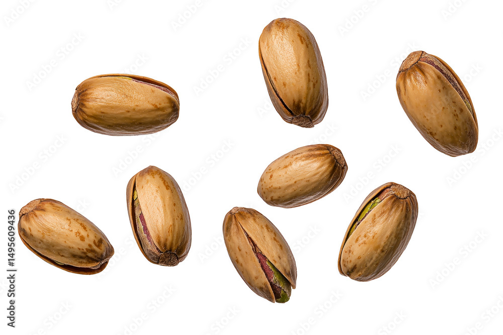 Poster pistachios with shells scattered on transparency background, showcasing their natural texture and ea
