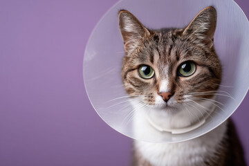 A domestic shorthair cat with green eyes, wearing a protective cone against a purple background. Close-up shot.