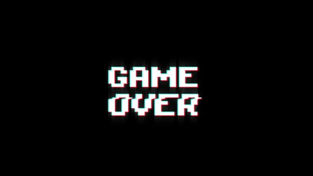 game over text looped animation with glitch effect on green black background. Glitch title video game screen. over game