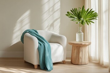 Styled cream armchair with blue throw and wood side table indoor with light ambience