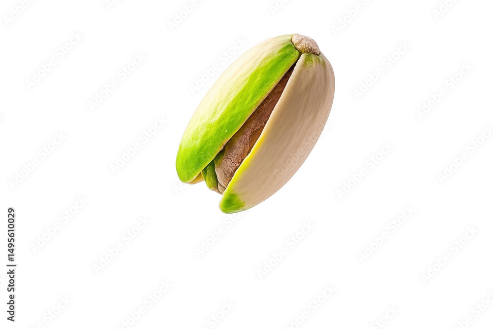 Poster single pistachio nut with its shell partially open, revealing green nut inside, isolated on transpar