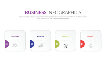 Business minimal Infographics template. 4 steps timeline with options and marketing icons .Vector timeline infographic with four square connected elements. Design can be use for presentation.
