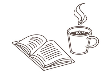 Relaxing coffee and book sketch in clean line style