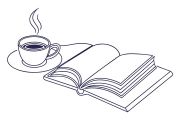 Simple continuous line art of coffee with a book