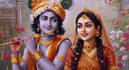 Divine Love A Stunning Portrait of Krishna and Radha, Embodying Devotion and Spiritual Connection in Exquisite Artistic Detail.