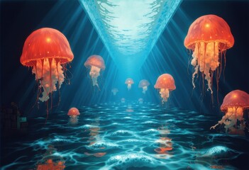 Glowing jellyfish swimming gracefully in illuminated ocean waters