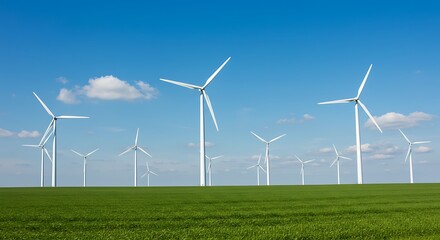 Fototapeta premium Wide Open Rural Field with Wind Turbines Spinning under Blue Sky Generative AI
