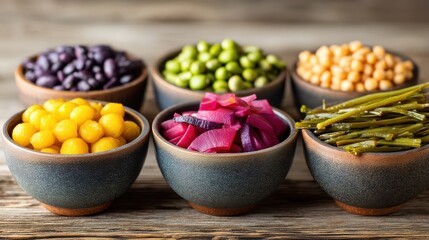 Diabetes-specific education style. Colorful bowls of assorted legumes and vegetables arranged neatly.