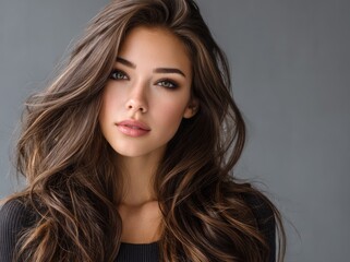 Naklejka premium A woman with long, flowing hair is posing for the camera in front of an isolated background