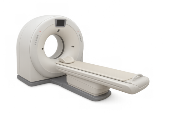 Modern medical computed tomography scanner with empty table on transparent background