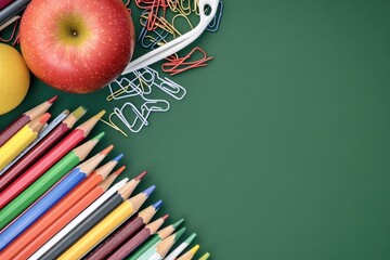 Colorful school supplies arranged on a green chalkboard background, featuring a red apple and yellow lemon, pencils, and paper clips