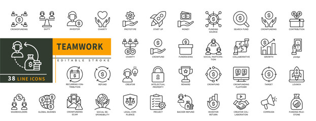 Minimalist Crowdfunding line icons set with editable stroke, featuring equity, investor, charity, refund, creator, social responsibility, legal complience, money, reward. thin linear illustration.