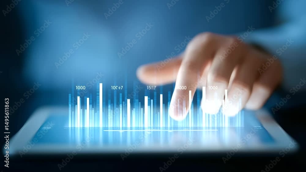 Poster cutting-edge tablet interface showcasing product lifecycle management with dynamic icons.